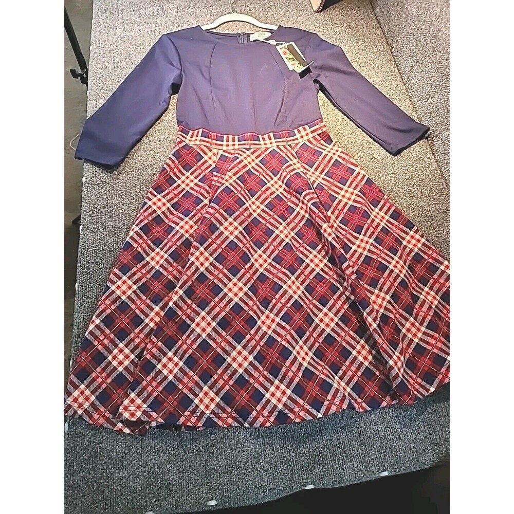 NWT NEW MISSMAY Retro Navy Blue & Plaid 3/4 Sleeve A Line Dress Womens Small